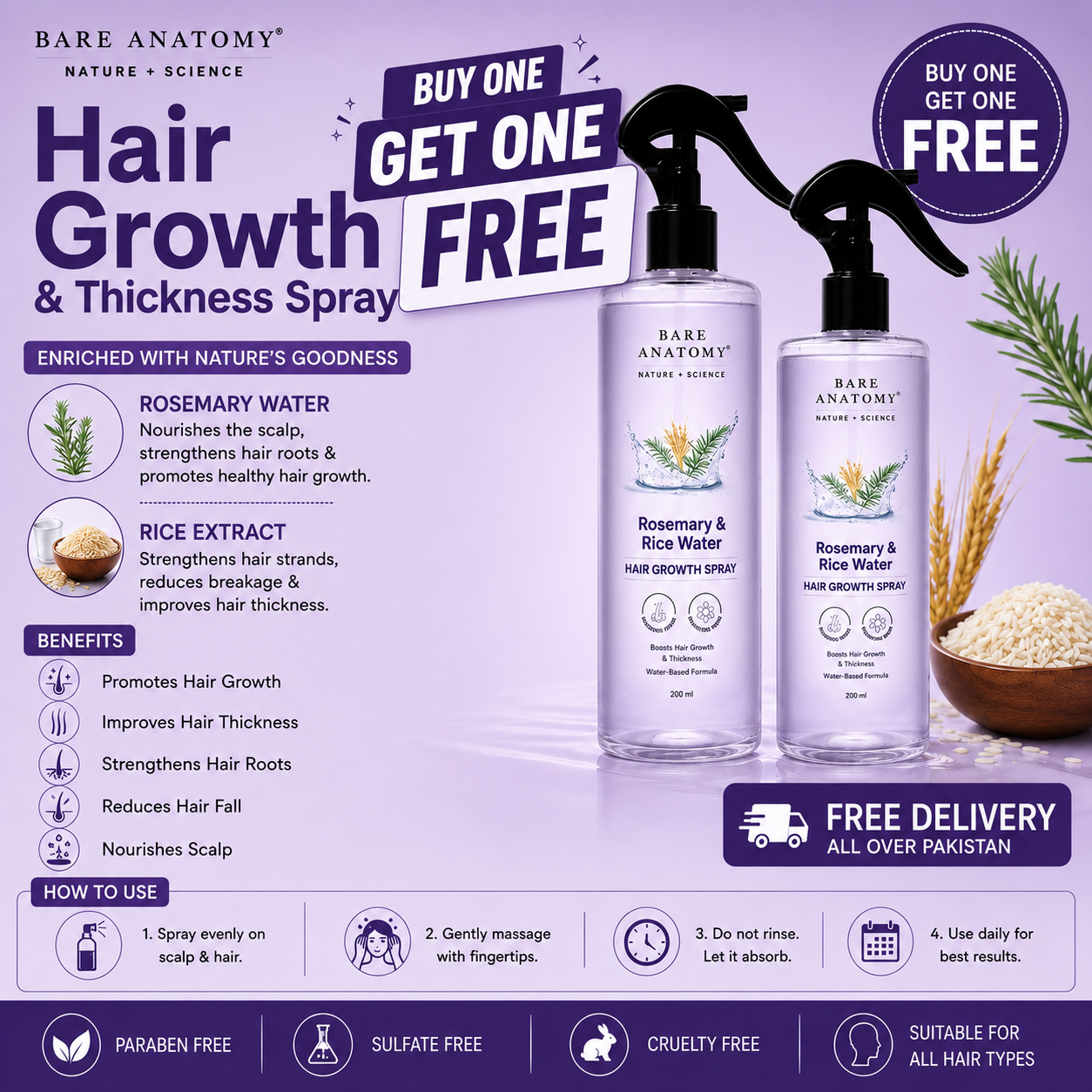 Buy one Get one Free | Rosemary & Rice Water Spray For Natural Hair Growth & Hair Thickness